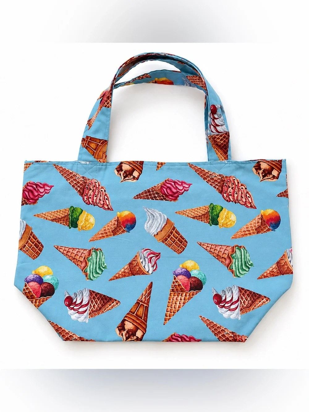 Handmade Ice Cream Print Tote Bag | Whimsical Summer Market Bag Blue Canvas Tote
